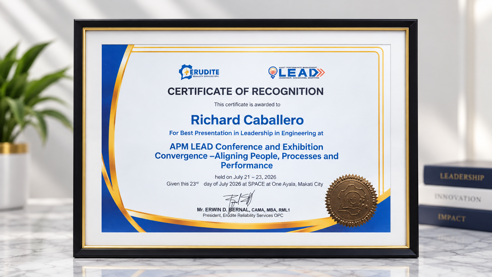 Certificate of Recognition awarded to Richard Caballero for Best Presentation in Leadership in Engineering